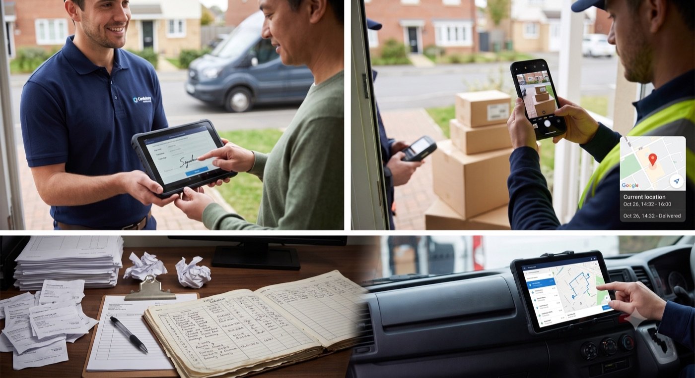 Four moments of electronic proof of delivery: a signature captured on a tablet at the door, a photo of parcels left safely, the paper slips it replaces, and the route on an in-cab tablet