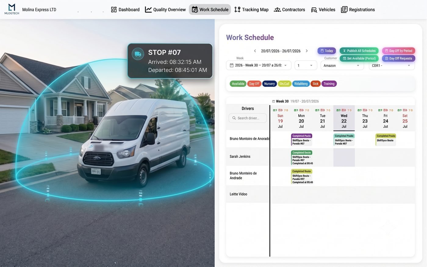A geofence drawn around a delivery van at a stop, with an arrival and departure time logged automatically for the stop